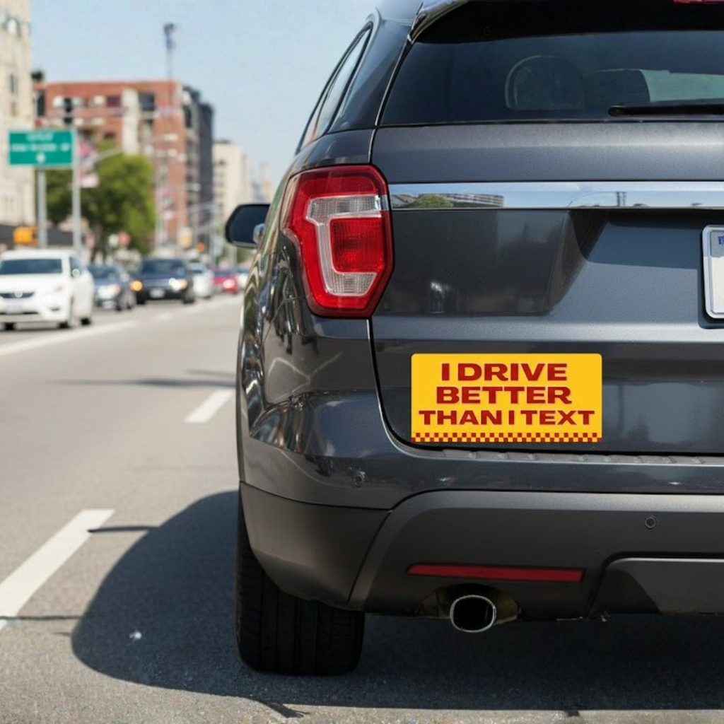 Car with a 'I Drive Better Than I Text' sticker on a city street.